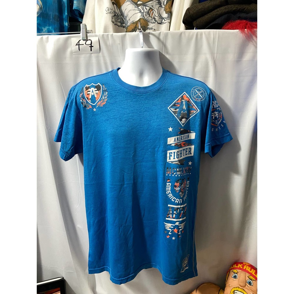 American Fighter Shirt Adult Large Blue Gray MMA Active Casual Short Sleeve Men